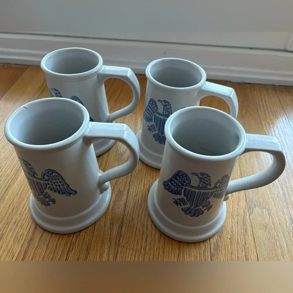 Vintage Americana Stoneware Tankard Mug Set of 4 Blue Eagle Colonial Patriotic B